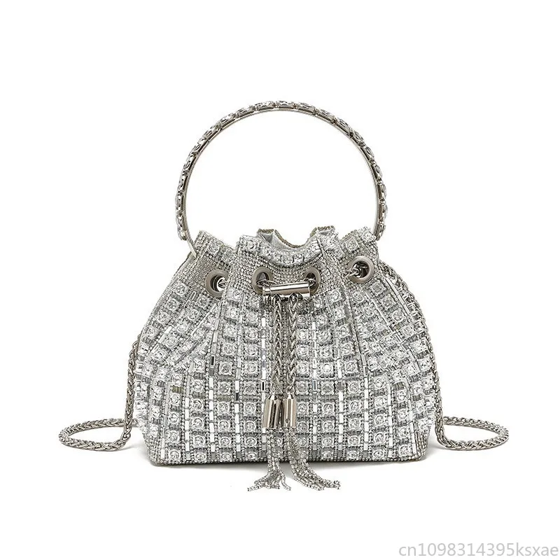 Women's Rhinestone Faux Leather Crossbody Bag Evening Party Handbag Top Handle Adjustable Detachable Shoulder Strap