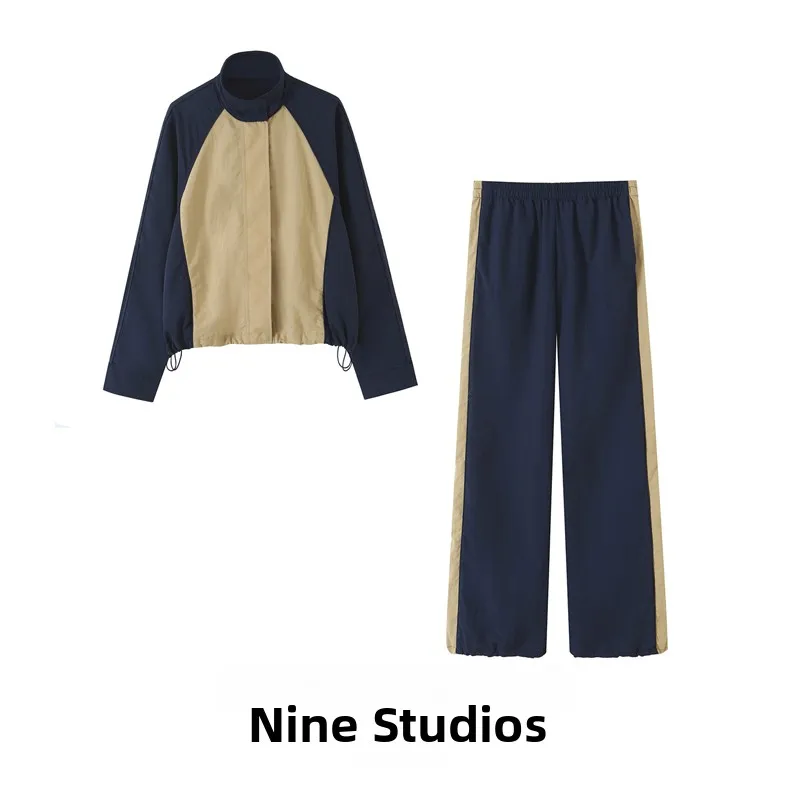NINE ZAR Women's Patchwork Jacket Outerwear with Side Decorative Nylon Pants Long Sleeve Four Seasons Striped Pattern Set