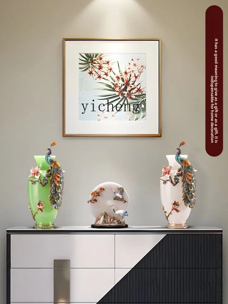 L7-8 enamel color glory and wealth peacock vase glazed white jade ornament living room decoration