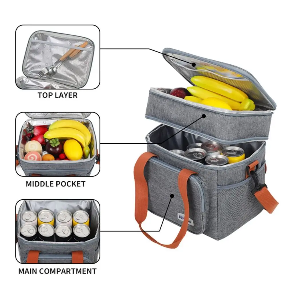 Double Layer Thermal Lunch Bag Large Capacity Picnic Box Meal Pouch Food Insulated Cooler Delivery Bags for Women Men Kids