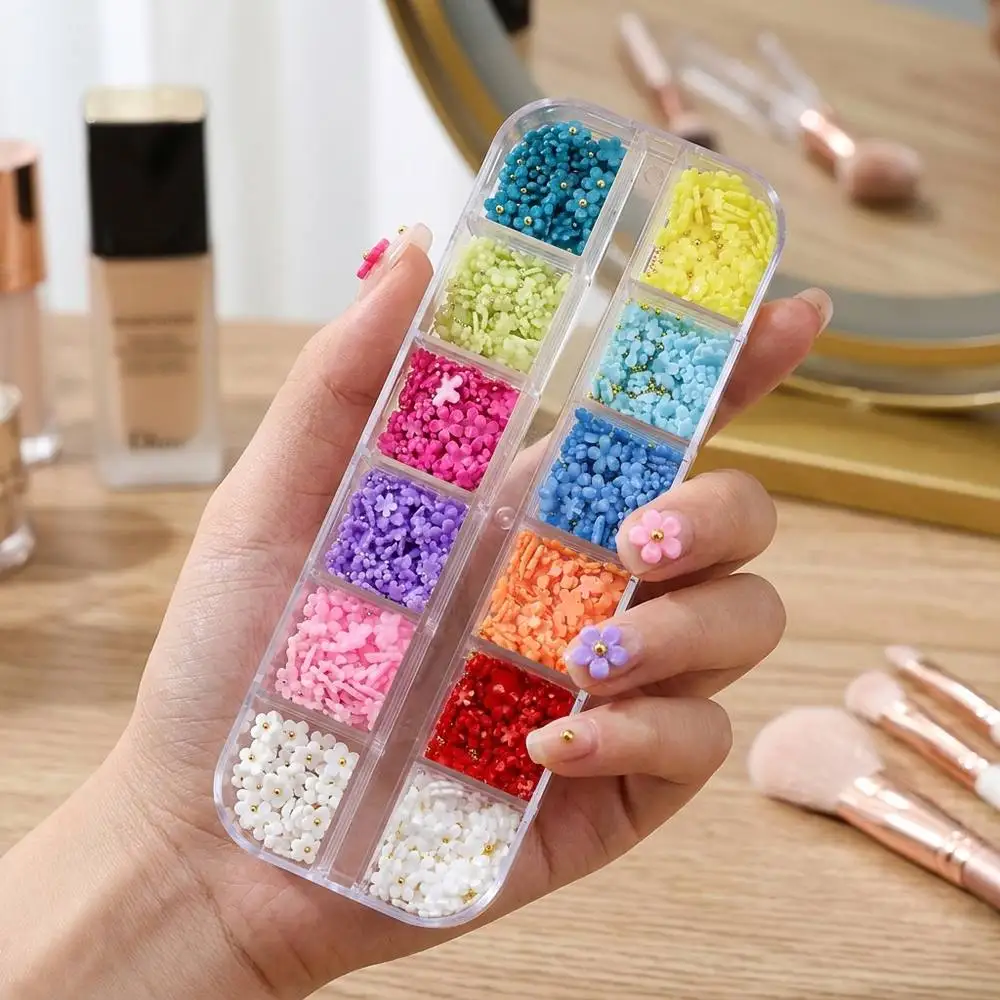 1Box 3D Floral Petal Nail Charms Gold Bead, 12 Macaron Soft Colors Nail Art Decoration, Fashion Salon DIY Nail Supplies