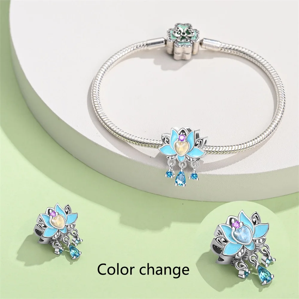 Original 925 Sterling Silver Glow Color Change Blue Lotus Charms Beads Dangle For Women Fine DIY Birthday Jewelry Party Gifts