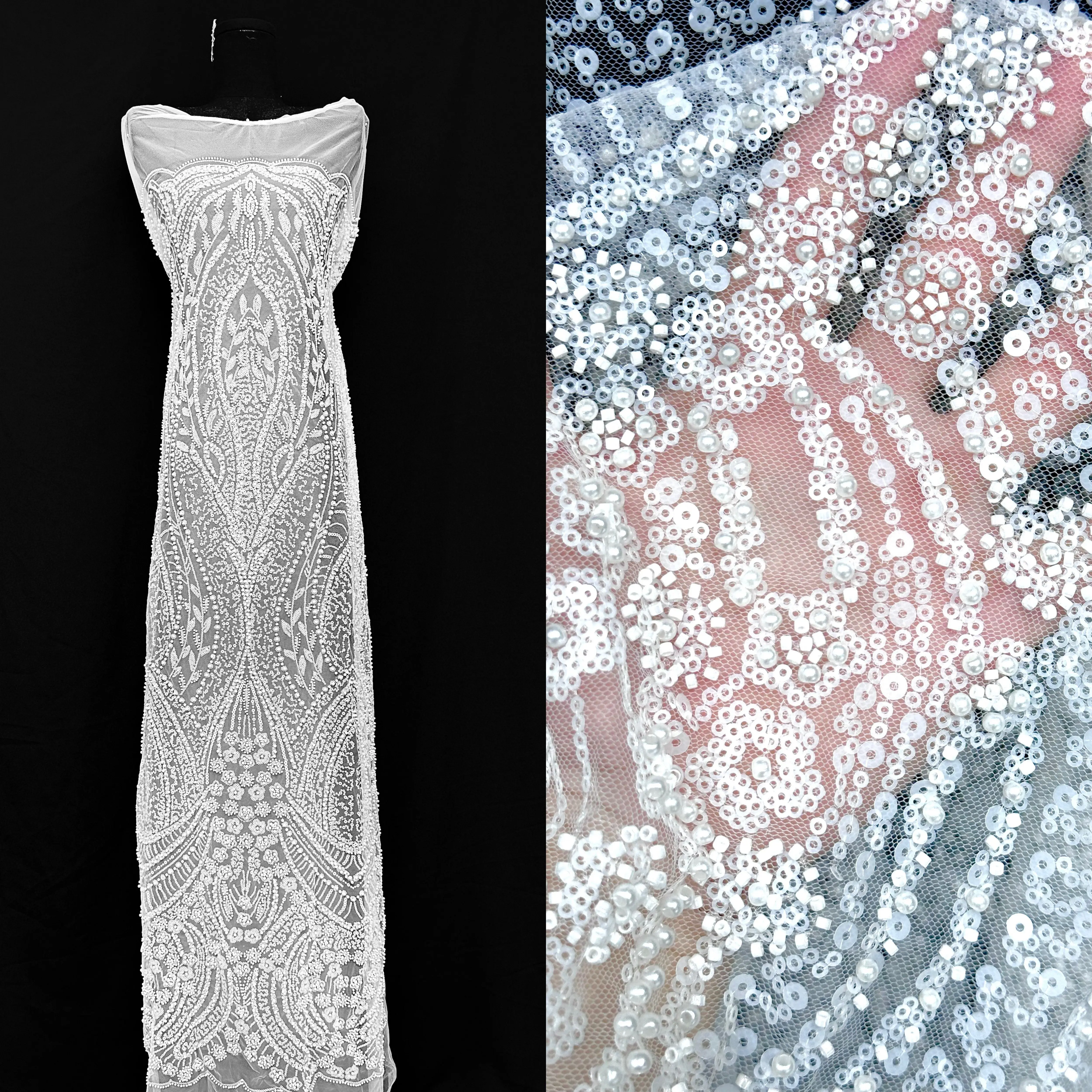 

Luxury Heavy Embellished Nigerian Mesh Lace Fabric with Sequins European French Net for Brides Bridal Party Dresses
