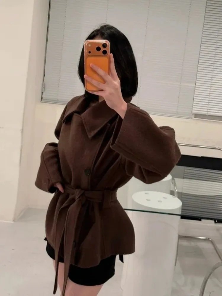 Briti Sle مزدوجة الصدر لون نقي معطف صوفي المرأة شتاء جديد صغير الحجم مربوط تريكو علوي Faionable الشارع Sle #4