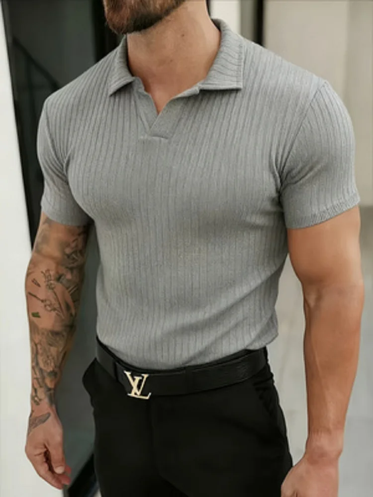 Men's Slimming Ribbed Knitted Polo Shirt Short-sleeved Casual Business Tattoo Top Summer Fashion Muscle T-shirt Street Wear