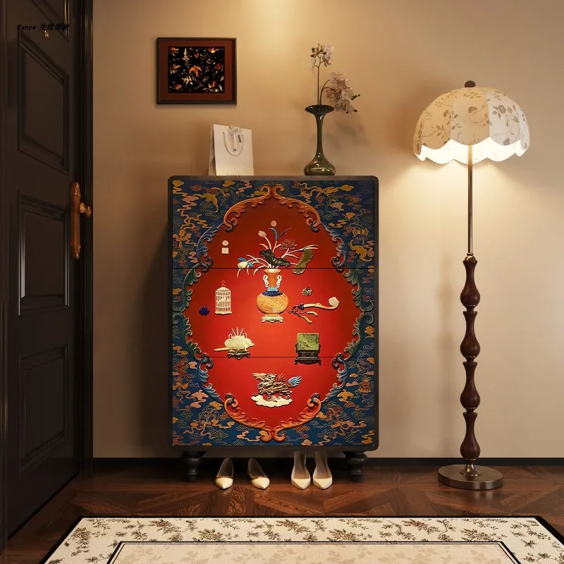 French medieval solid wood shoe cabinet, ultra-thin shoe cabinet at the entrance of the home, tipping bucket cabinet
