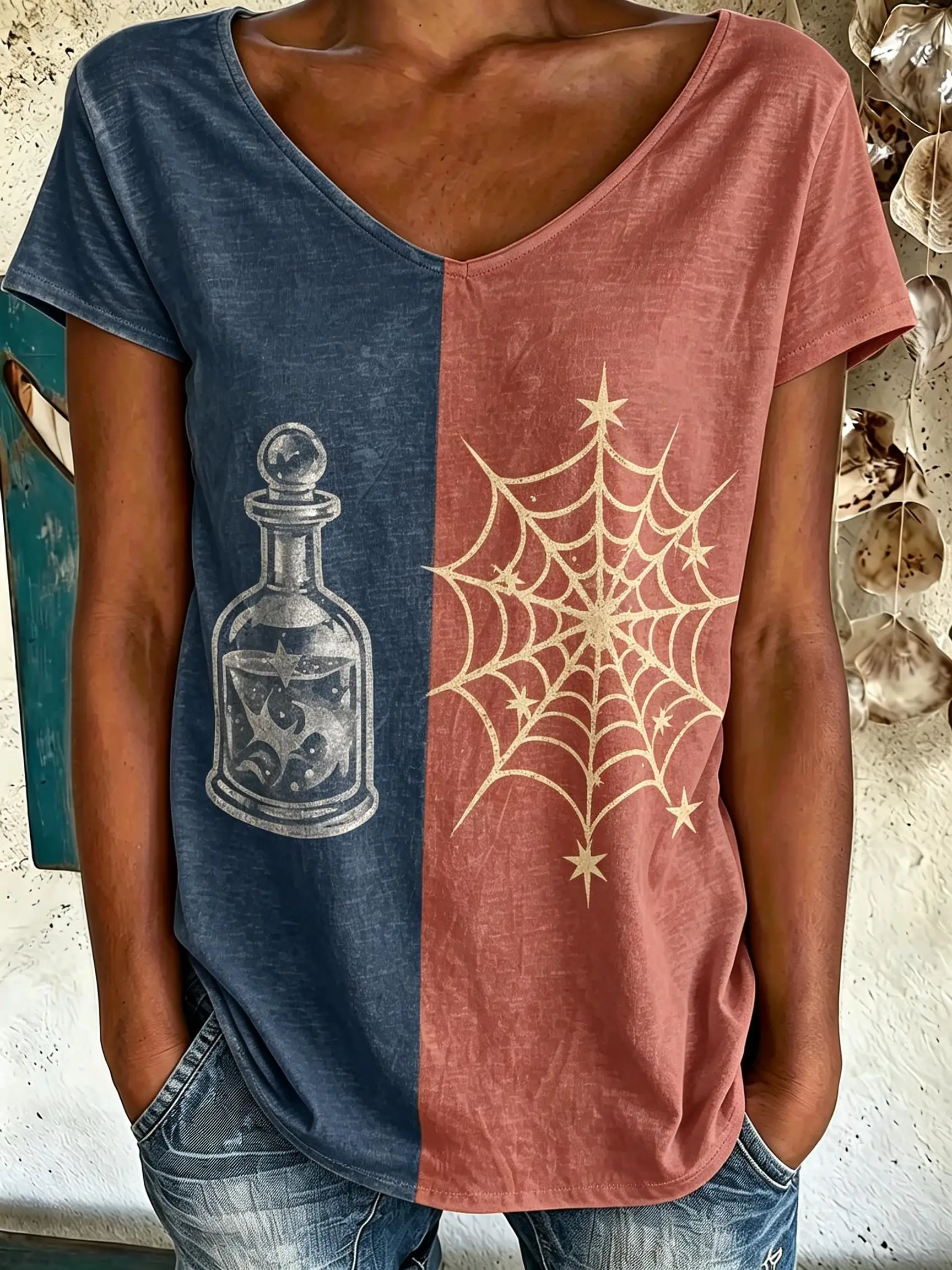 Women V‑Neck Short Sleeve T‑Shirt Halloween Split Color Potion Spider Web Ghost Bat Print Vintage Casual Loose Tops