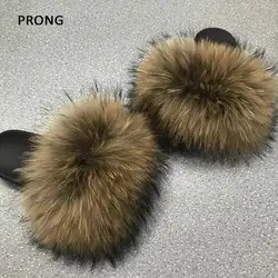 Fluffy Furry Fur Slippers Real Fox Fur Slides For Women Summer PVC Sole Flip Flops Sandals Woman Open Toe Shoes Slippers