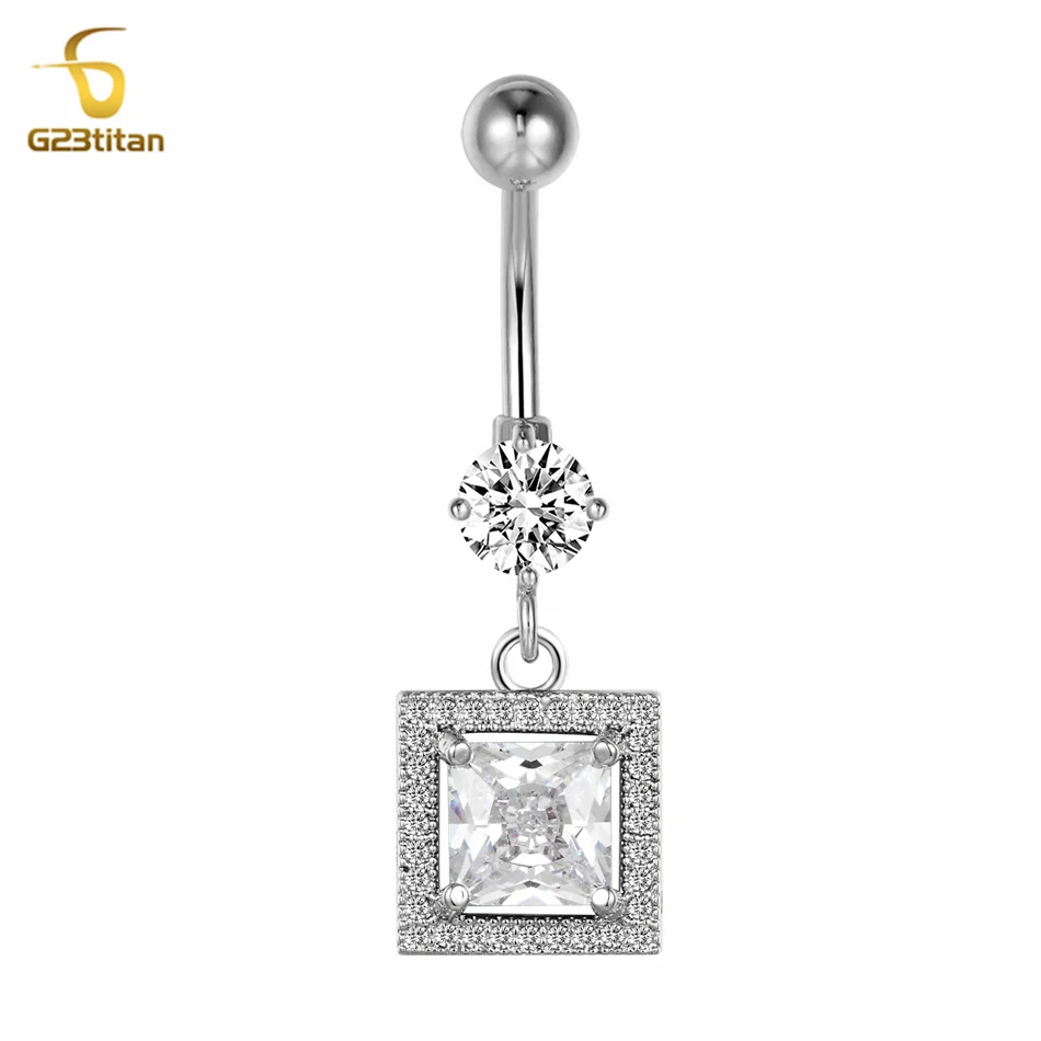 G23titan Big Square Zircon Navel Ring 14G Titanium Belly Button Piercing Women Body Jewelry Silver Color pirsing pafa el ombligo