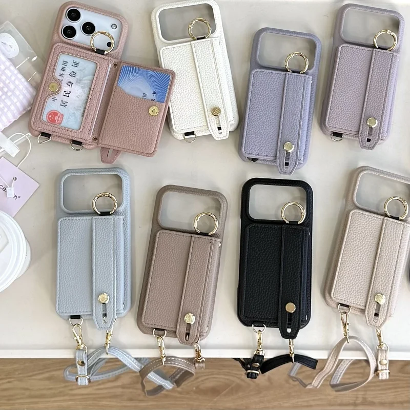 

For iphone 17 16 15 14 13 Air Por Max Wallet Case Neck Shoulder Crossbody Strap Ring Clasp Card Holder Finger Grip Strap Cover