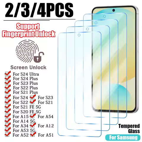 2-4PCS Tempered Glass For Samsung S24 Ultra S23 S22 S21 Plus A15 A14 A54 A53 A52 S20S21FE 5G Fingerprint Unlock Screen Protector