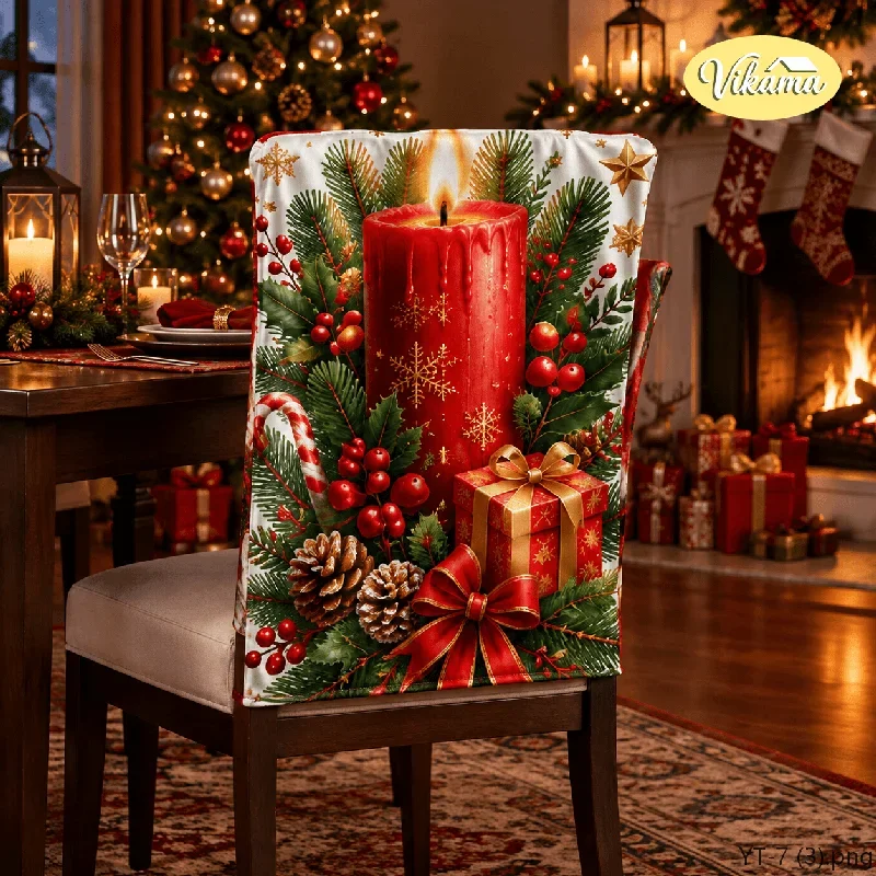 VIKAMA Christmas Candle Pine Chair Cover Non Slip Washable Seat Cover for Dining Room Kitchen Family Gathering Christmas Gift