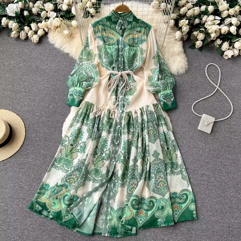 

High Quality Spring Women Fashion Runway Long Dress Lantern Sleeve Stand Collar With Belt Floral Print Holiday Maxi Dresses