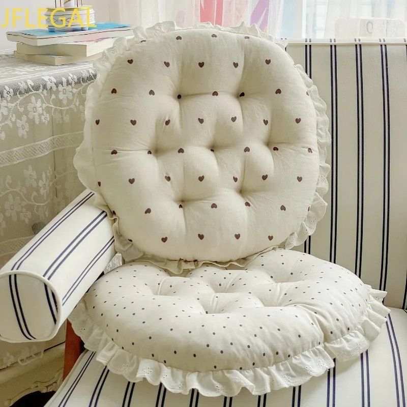 Cotton Linen Round Chair Cushion Lace Ruffle Edge Printed Seat Pad Soft Thick Sofa Tatami Floor Cushion for Home Office Decor