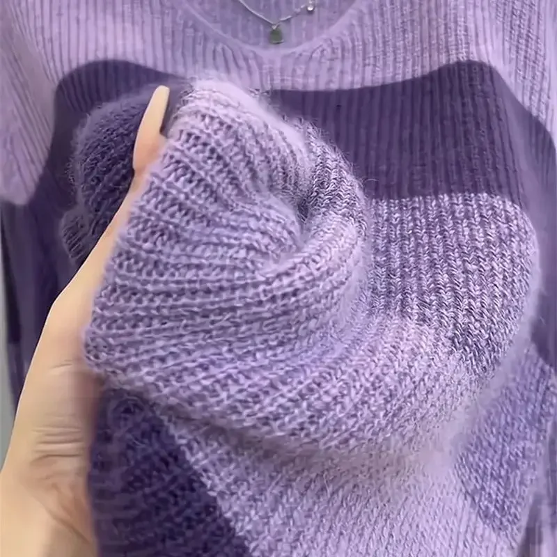 女性用パープルストライプニットセーター,ルーズウールセーター,カジュアル,ソフトニット,秋のファッション