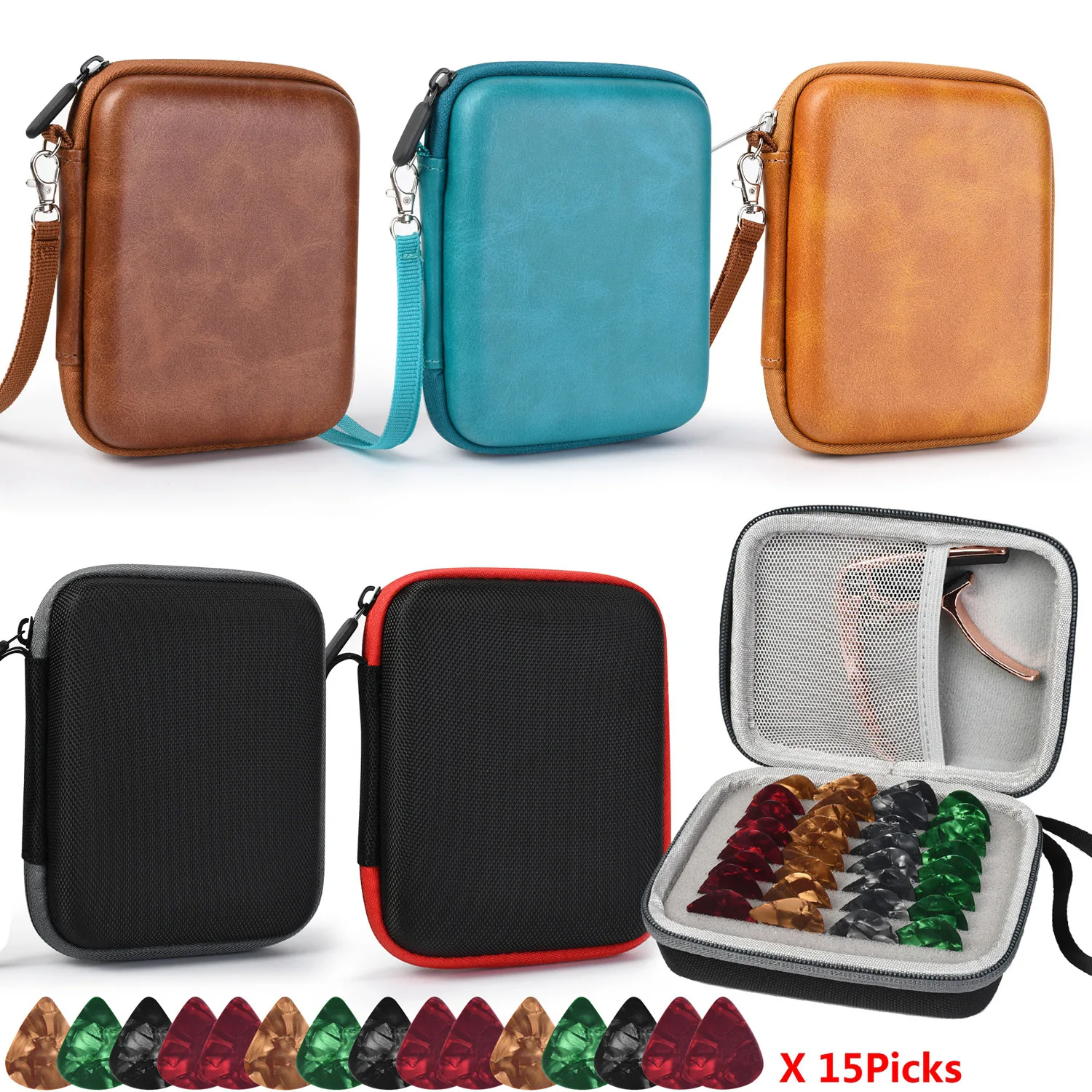 Guitar Pick Storage Box Guitar Accessories Storage Bag + 15 Picks Guitar Pick Holder Case