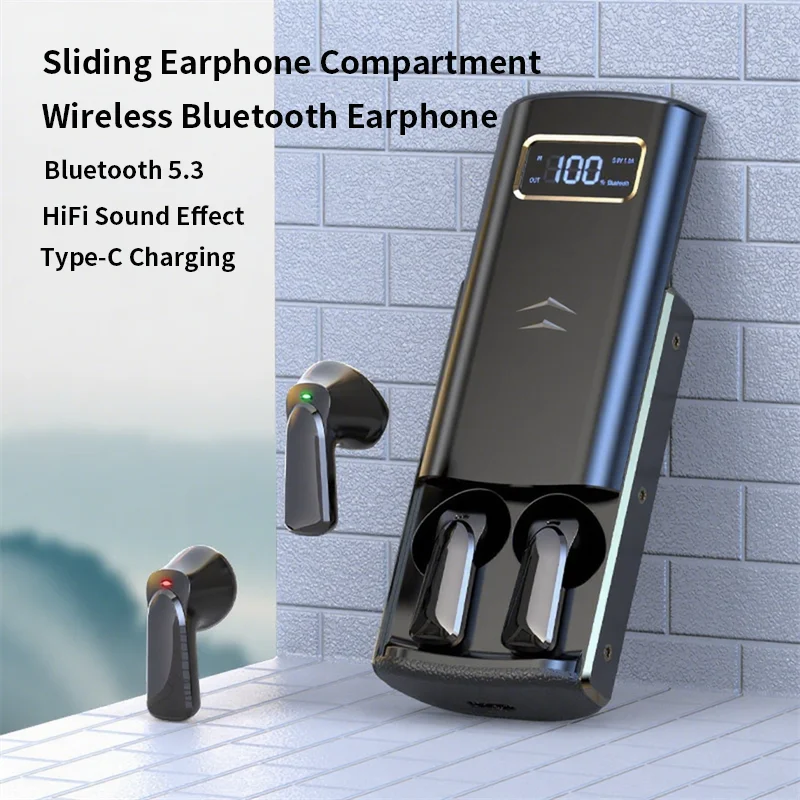 Wireless Sliding Bluetooth Earphone Power Display Cortical Shell Emergency Charging HiFi Sound Effect Listen Music Or Play Game
