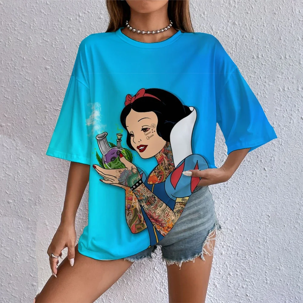 

Disney Cartoon Printed Women T-shirt Princess Print Summer Short Sleeve T Shirt Harajuku Casual Round Neck Streetwear Clothing