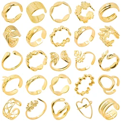 Fashion High Quality Stainless Steel 18k Gold Plated Ring Green Leaf Butterfly Love Hollowing Out Opening Adjustable Rings Gift