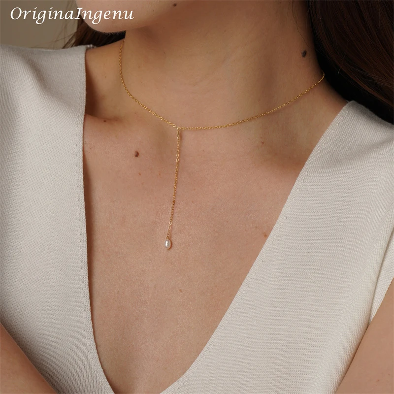 Y Necklace Natural Pearl Necklace 14K Gold Filled Choker Handmade Pearl Pendants Collier Femme Kolye Collares Boho Pearl Jewelry