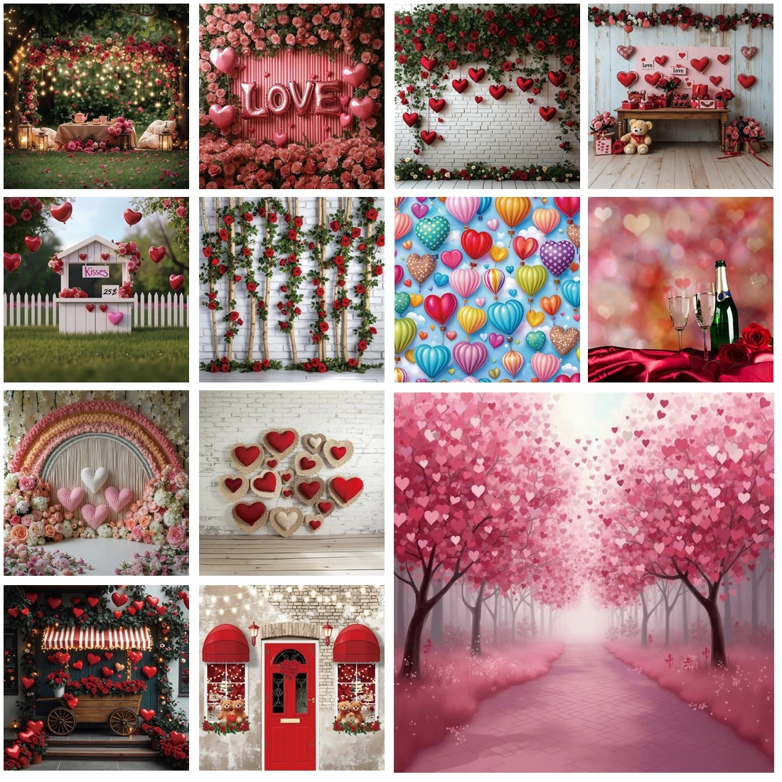 

MOON.QG Valentines Day February 14 Photography Background Flower Garlands Hanging Rose Light Wood Backdrop Couple Studio Props