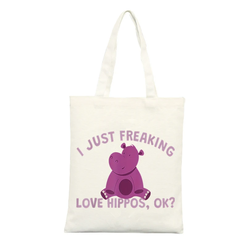 Canvas Tote Bag with Purple Hippo and Slogan-style Graphic, Ideal for Casual Daily Use and Shopping Outings