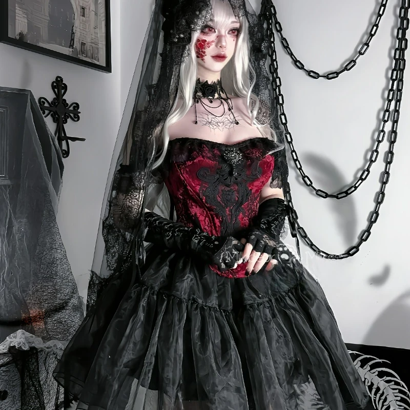 

Japanese Victorian Dark Gothic Lolita Skirt Set Women Sexy Lace Vest Mesh Cake Mini Skirts Y2k Sweet Bride Cosplay Costumes Suit