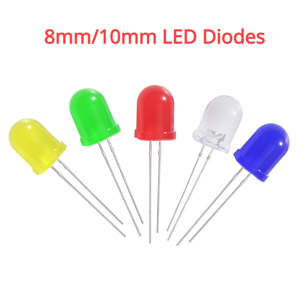 50pcs 8mm/10mm LED Diodes 1.8-3.2V Assorted Kit White Green Red Blue Yellow Super Bright Active Light Emitting Diode Electronics