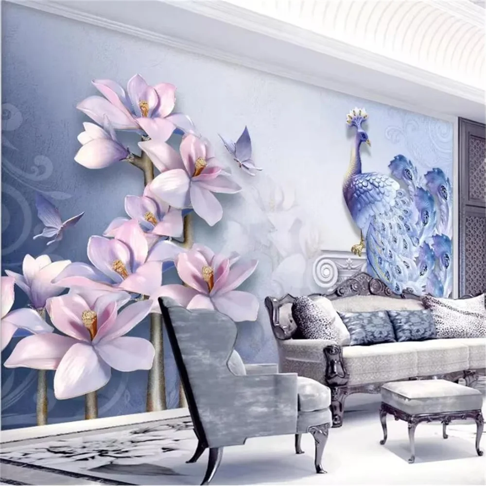 Custom wallpaper 3d papel de parede photo murals fresh embossed peacock magnolia background wall decorative painting wallpapers