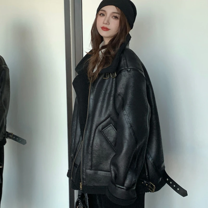 Forst Winter Women Leather Jacket with Shearling Lamb Fur 2023 New Faux Suede Coat Black Brown Thick Warm Motorcycle Top