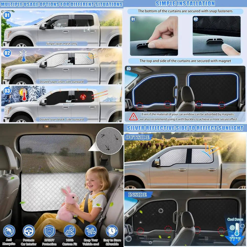 

Double Layer Blackout Window Shades for 2015-2020 Models, Reversible Privacy & UV Protection Mesh, Ideal for Travel & Camping