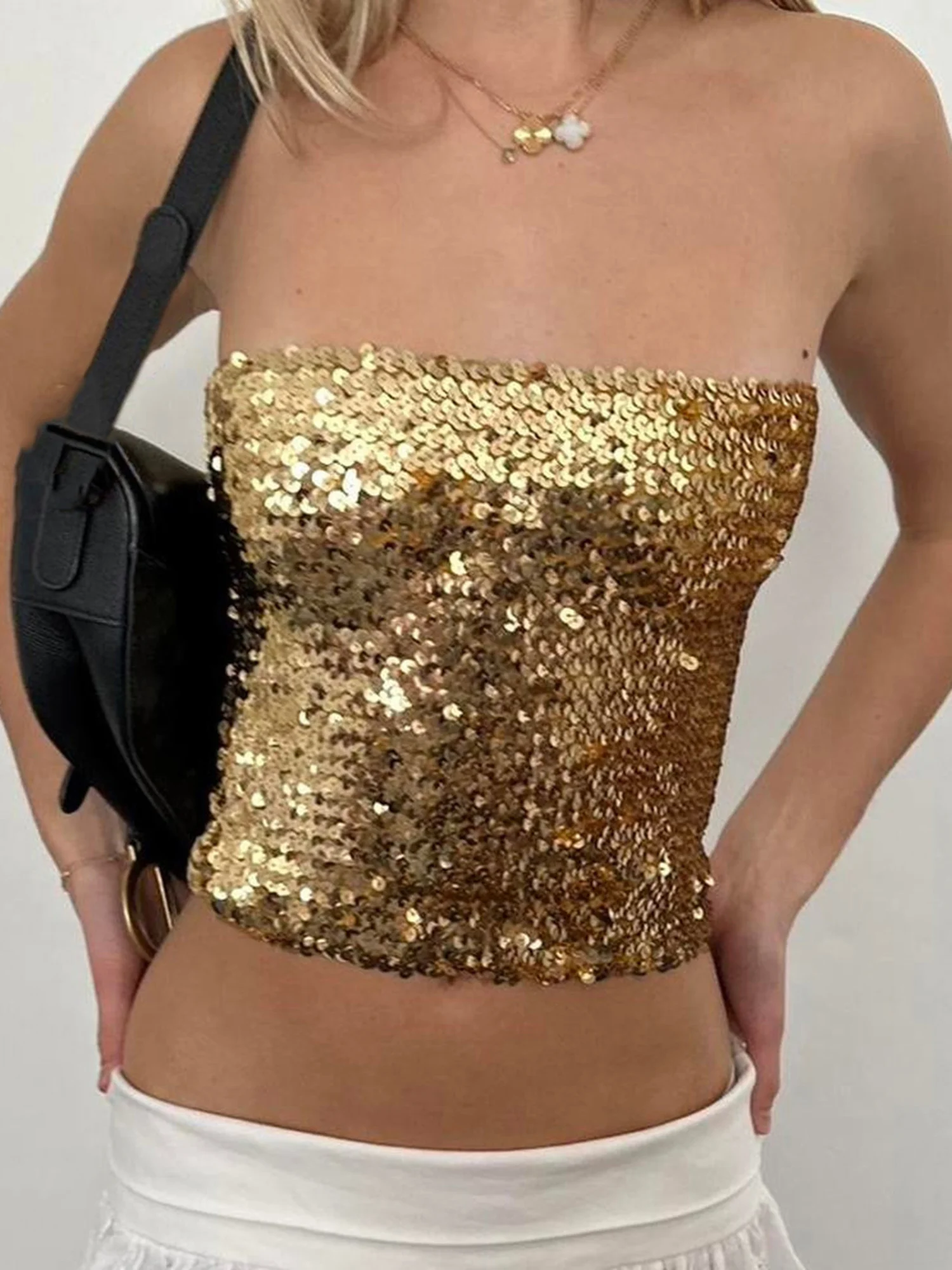 

Женские укороченные топы с блестящими пайетками и открытыми плечами, блестящие блестящие клубные блузки без бретелек, вечерние блузки, рубашки-бандо