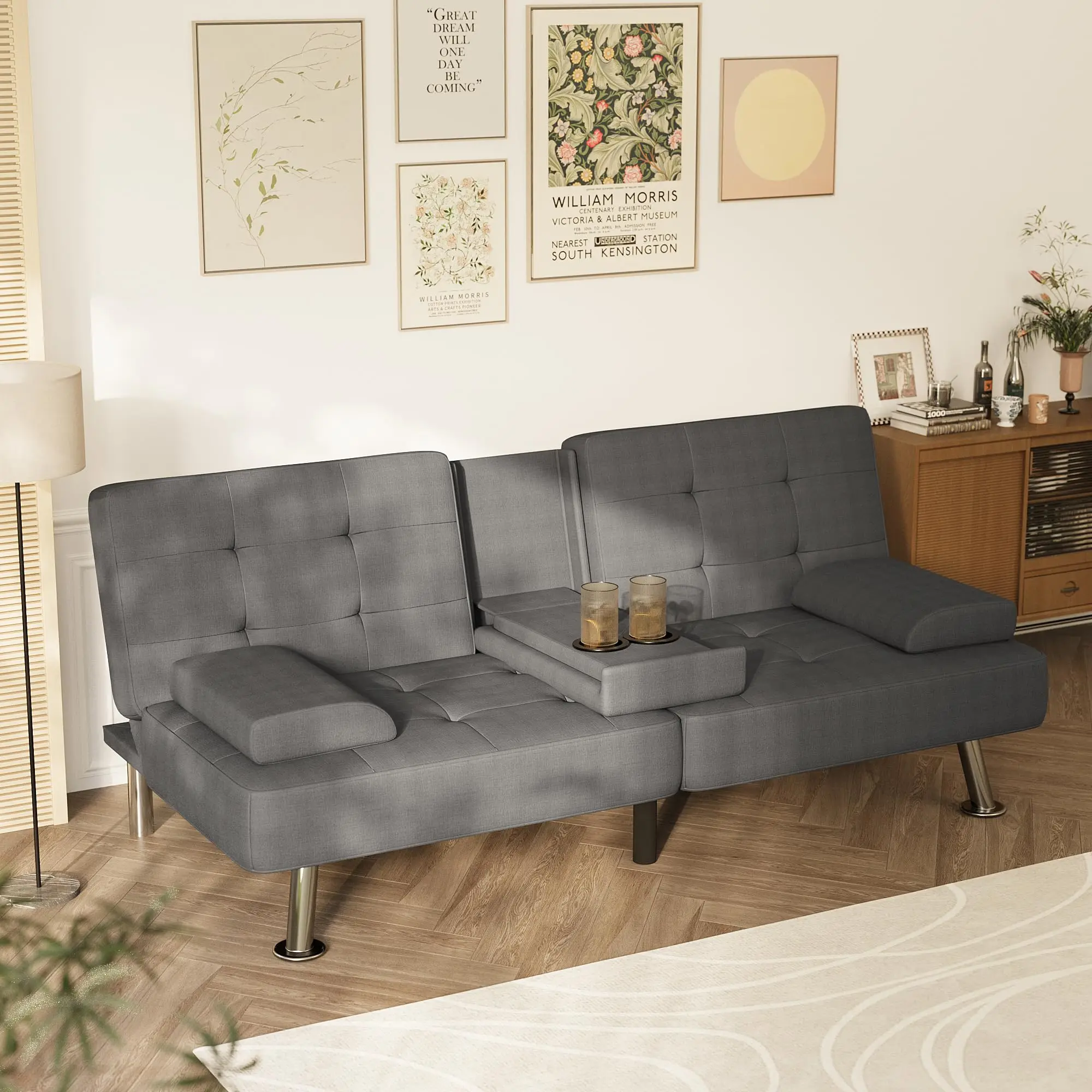 Black Linen Futon Sofa Bed, Futon Couch for Living Room | Adjustable Recliner Sleeper Sofa with Removable Armrests &