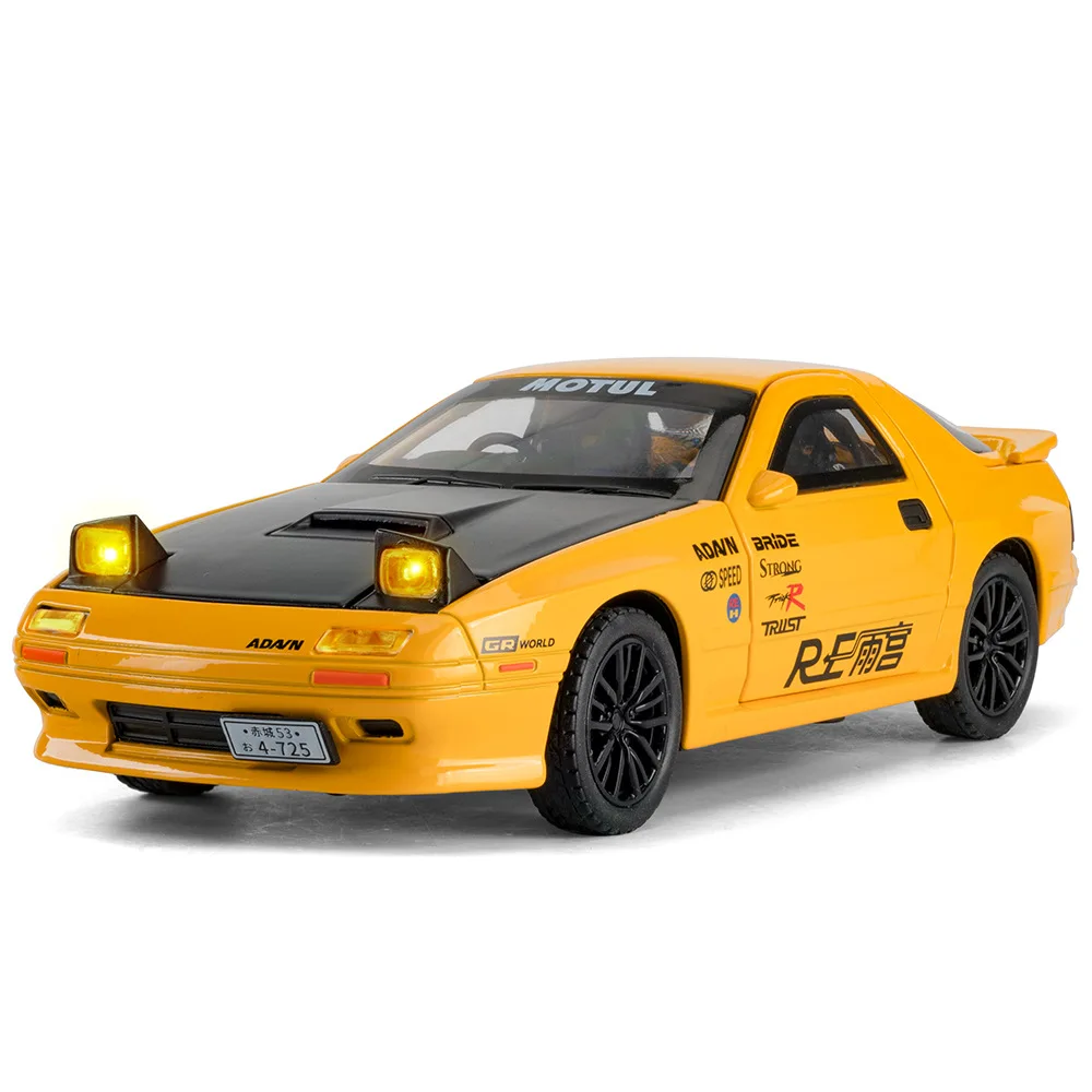 1:32 mazda RX-7 rx7 modelo de carro esportivo brinquedos liga diecast som luz 4 portas abertas puxar para trás ornamento veículos de brinquedo presentes da criança