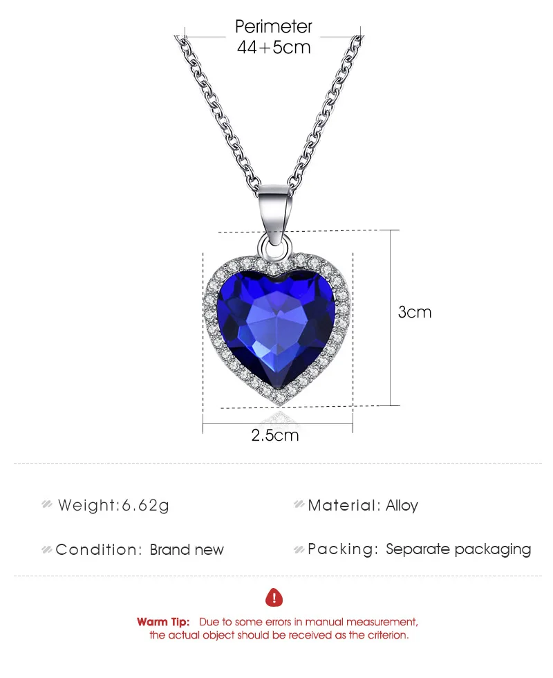 2021 New Simple Titanic Heart of Ocean Necklace Blue Crystal Love  Forever Pendant  For Women Wedding Party Jewelry