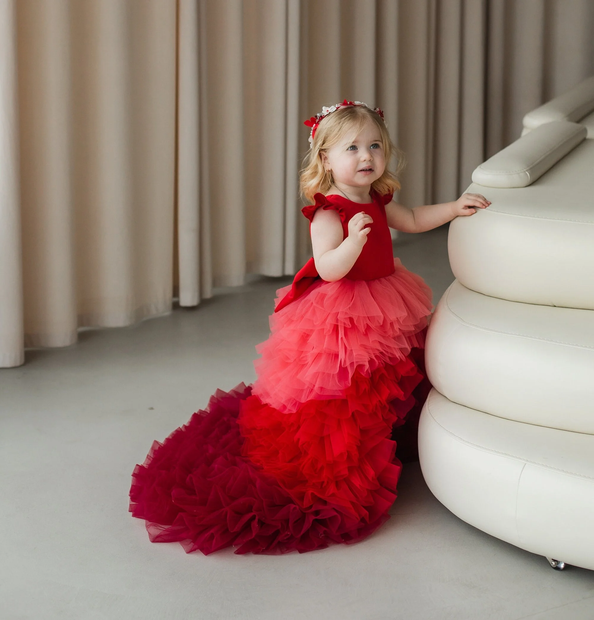 Red Flower Girl Dress Long Sweep Train Birthday Pageant Multilayered Prom Ball Gown Special Occasion Toddler Baby Dress