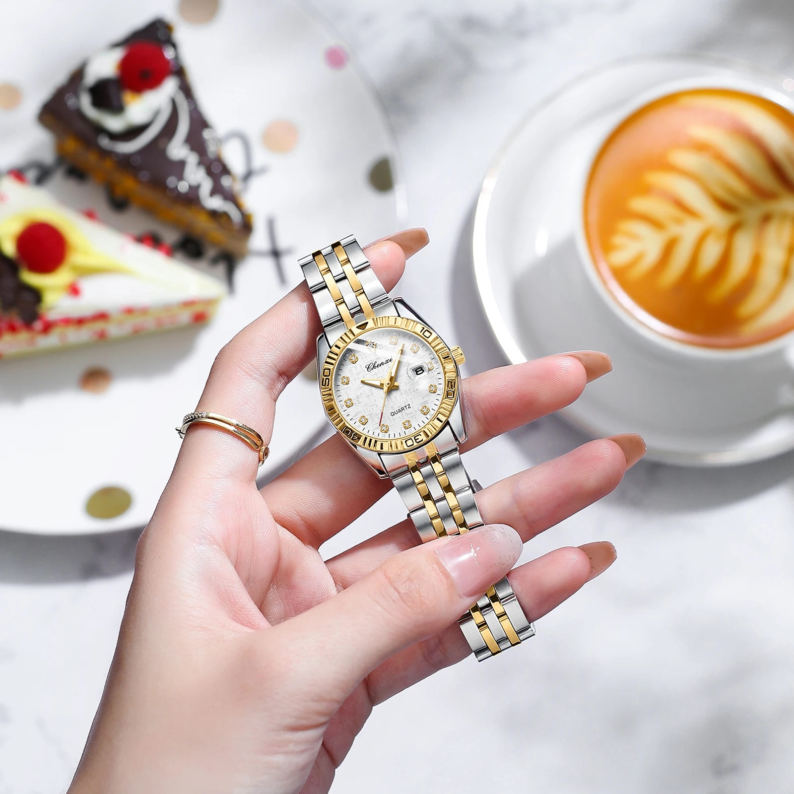 CHENXI 8201B زوجين كوارتز ساعة أزياء الأعمال التقويم الماس الفولاذ المقاوم للصدأ حزام ساعة اليد