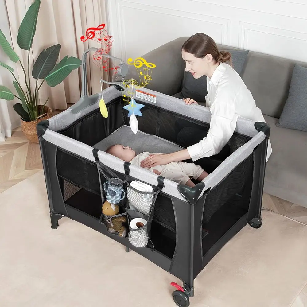 روضة أطفال محمولة 4 في 1 مع طاولة تغيير وحقيبة حمل وسرير - سرير سفر قابل للطي لحديثي الولادة إلى الأطفال الصغار، ASTM Cer #4