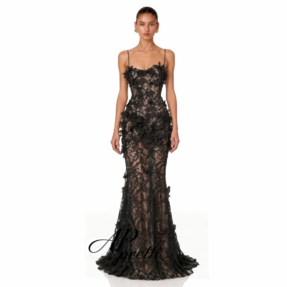 AP pretti Black Spaghetti Straps Evening Dress Customized Sweetheart 3D Floral Lace Sheer Mermaid Long Prom Party Gown For Women
