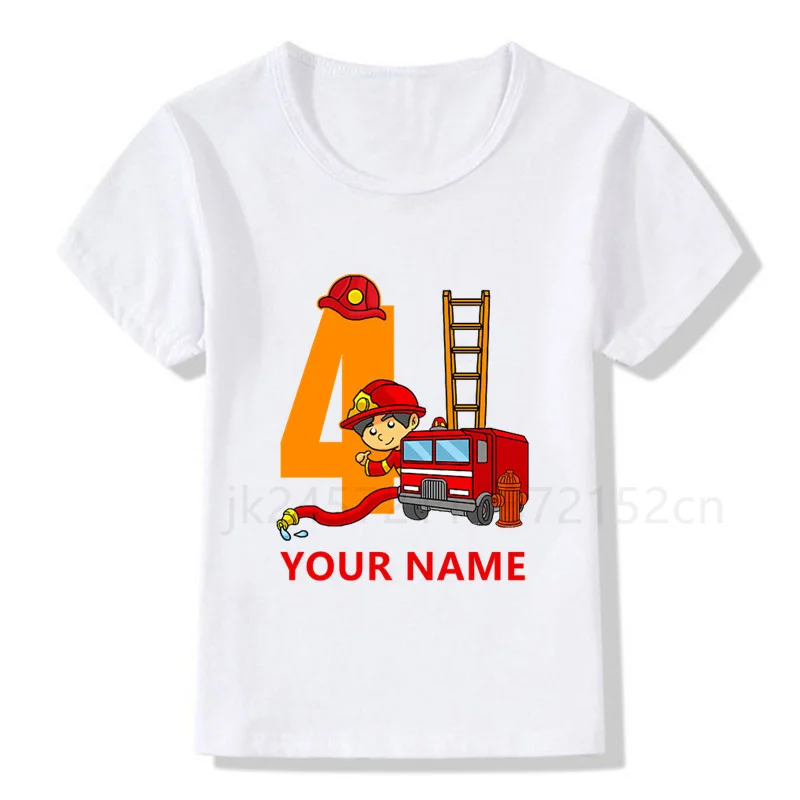 Boys/Girls Cool Name Fire Truck Birthday Numbers T-Shirt Children Boys Happy Birthday T Shirt White T-Shirt Baby