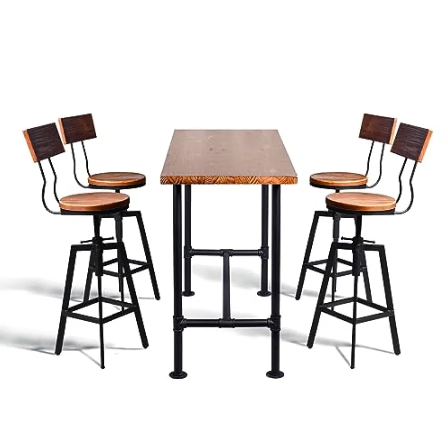 Home Dining Office 5-Piece Set: Rectangular Table for 4-6 + 4 Swivel Adjustable Stools, Heavy Duty Metal Wood, Rustic Industria