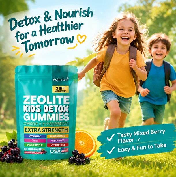 9 in 1 Zeolite Kids Detox Gummies, Omega-3 Magnesium with Vitamin C D3 B12 Zinc Elderberry Milk Thistle, Mixed Berry Flavor