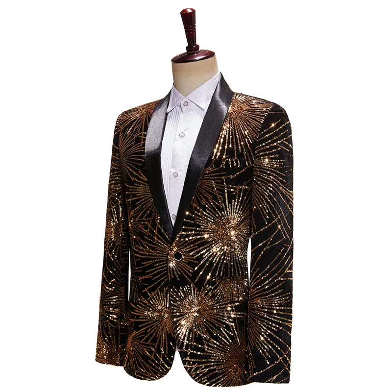 

Gold Sequins Blazer Male Costume Singer Stage Performance Host Banquet Dress Tuxedo Nightclub Bar Concert Shiny Suit Jacket