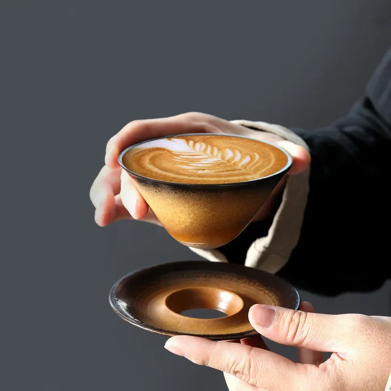 Japanese-style Rough Pottery Coffee Cup and Saucer Set  Creative Conical Handmade Retro Coffee Cup  Artistic Nordic Waffle Cup
