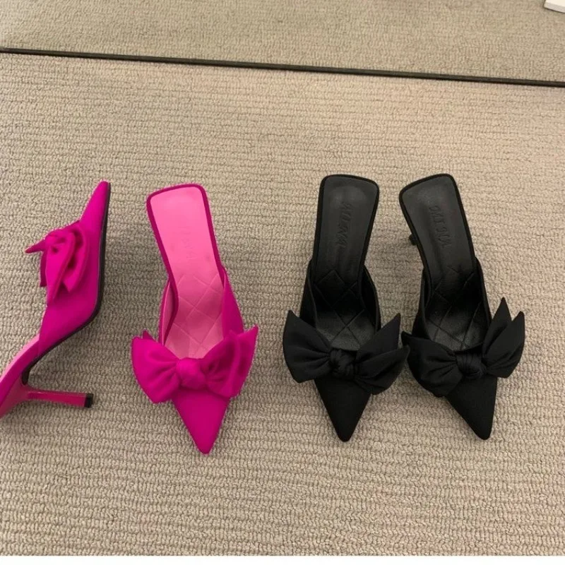 

New Style Autumn Big Butterfly-knot Women Slippers Sandals Shallow Pointed Toe Mules Stripper High Heel Pumps Ladies Shoes