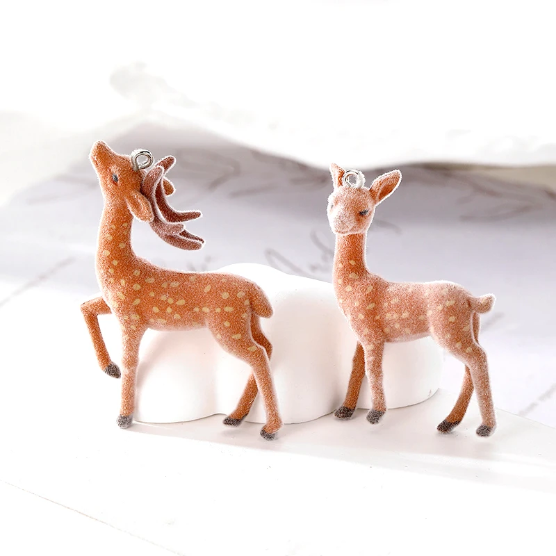 2pcs/Pack 3D Kawaii Flocked Sika Deer Earring Charms Resin Christmas Elk Pendant For Keychains Necklace DIY Winter Jewelry Make