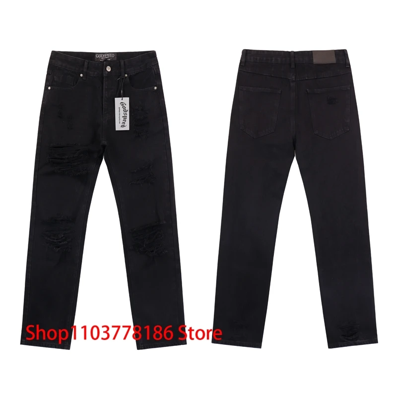 

Street All-match Black GOD SPEED Jeans American Hip Hop Vintage Ripped Trousers Men Women Original Label Godspeed Denim Pants