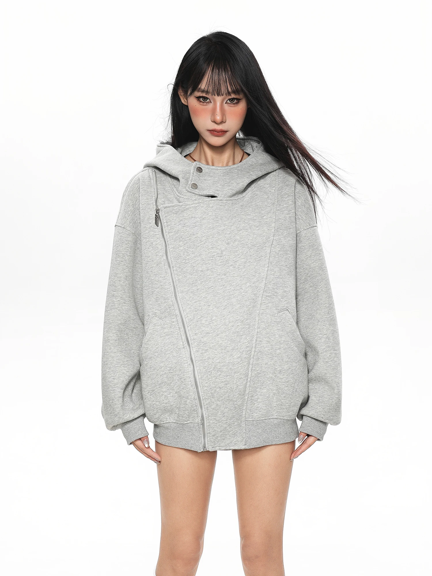 

American Sle Oversize Thiened Hoodie Jaet Women's Spring Autumn Early Autumn Street Sle Long Sve Zipper Pure Color