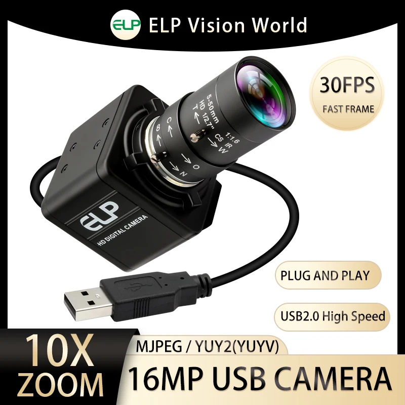 كاميرا USB ELP 16 ميجابكسل مع عدسة Varifocus اليدوية CS Mount 5-50 مم، كاميرا تكبير 10X، توصيل وتشغيل مجاني لـ Linux MAC