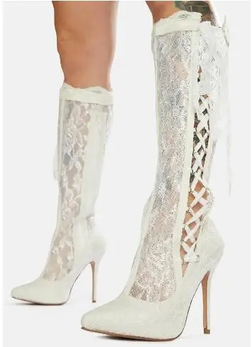 

Pure White Lace Floral Embroidery Cross Tied Hollow Lace Up Thin Heels Slim Knee High Boots Women Fashion Bride Wedding Boots